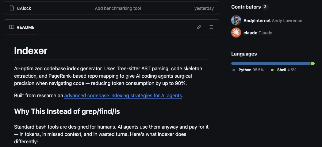 Indexer — an AI-powered codebase index generator using Tree-sitter AST parsing, code skeleton extraction, and PageRank-based repo mapping