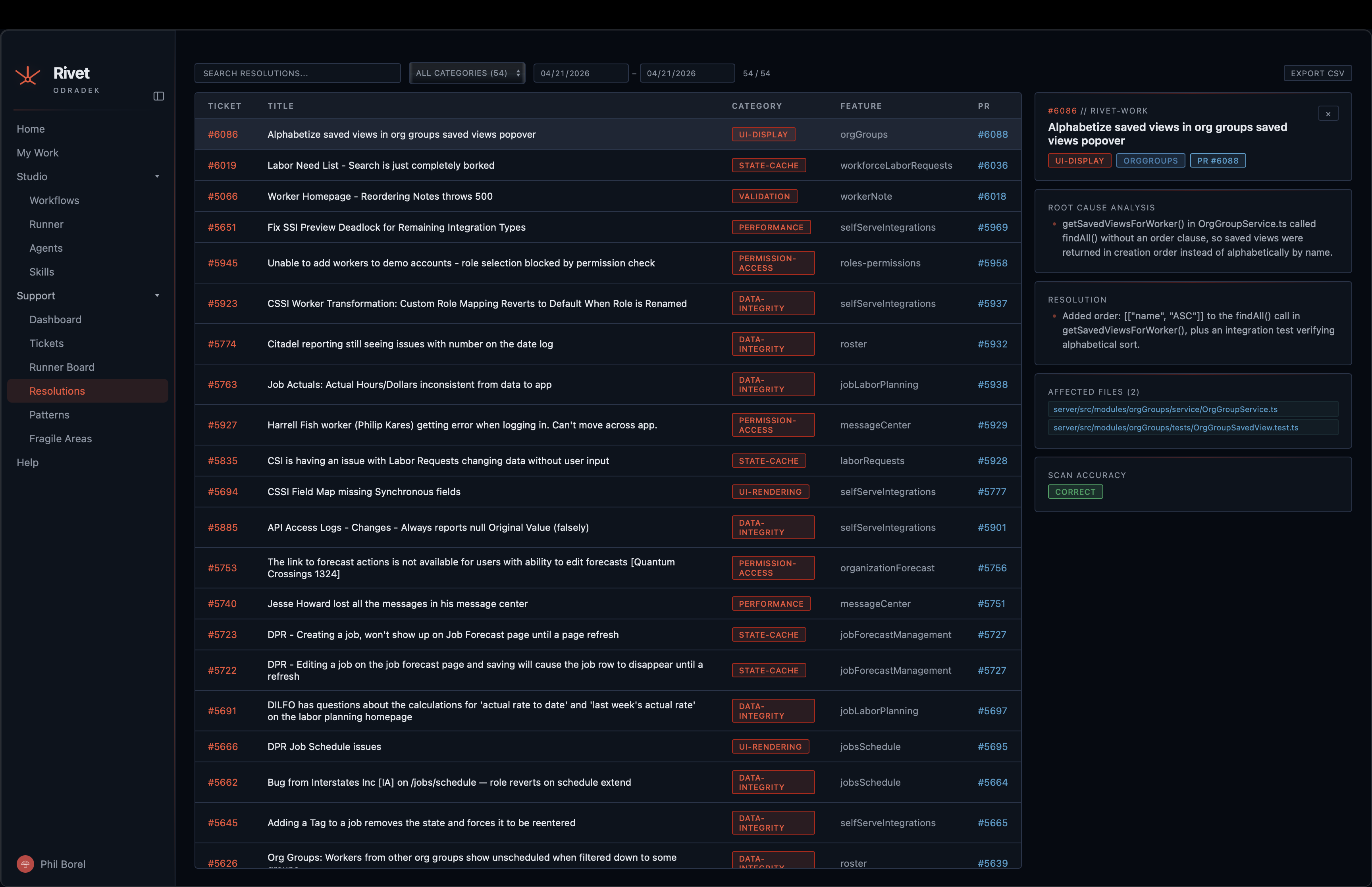 Odradek Resolutions view - a list of resolved bug tickets with ticket, title, category, feature, and PR columns, plus a detail pane showing root cause analysis, resolution, and affected files